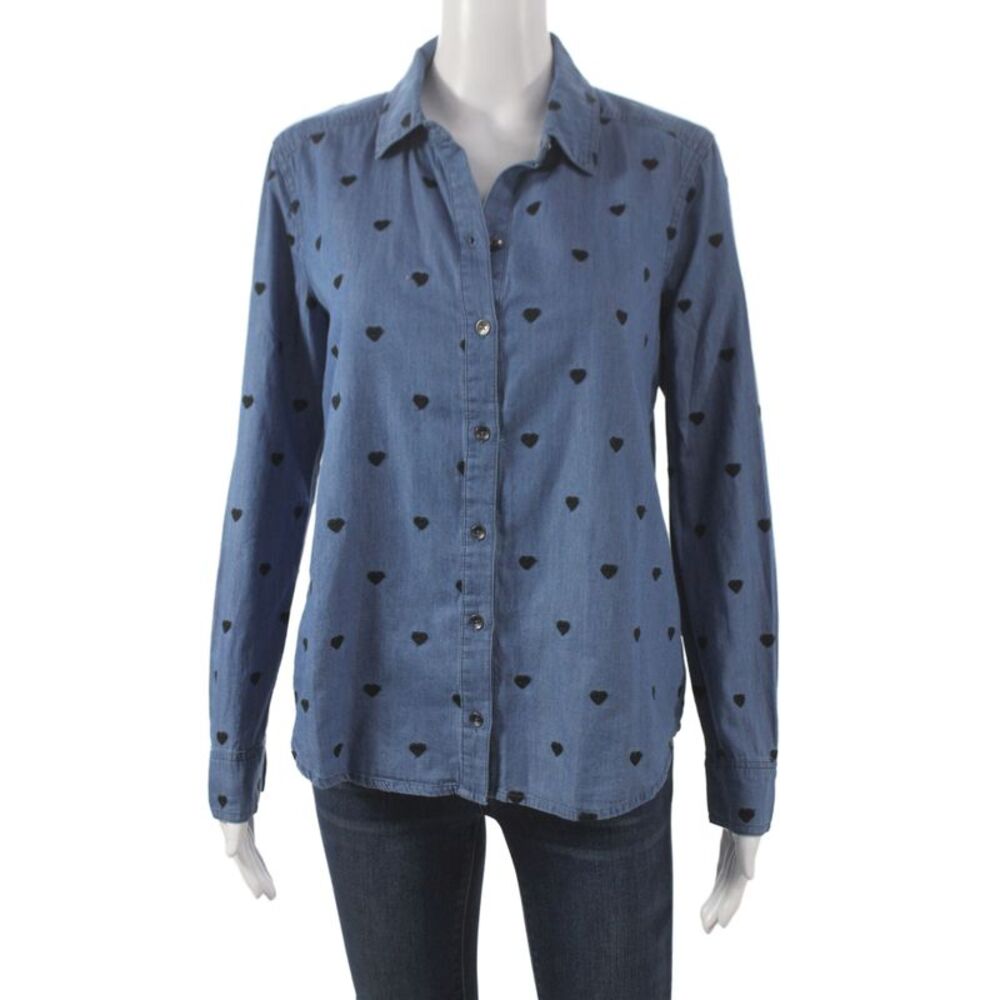 Splendid Women Blue Polka Dot Long Sleeve Button-Up Cotton Top Size S